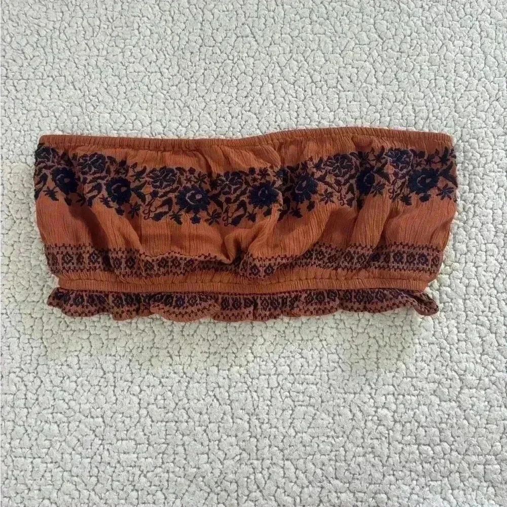 AMERICAN EAGLE Rust Orange Tube Top with Navy Blue Embroidered Detail
